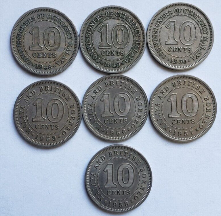 Read more about the article MALAYA AND BRITISH BORNEO 10 CENTS 1948/1958 7 COINS AS SHOWN IH176