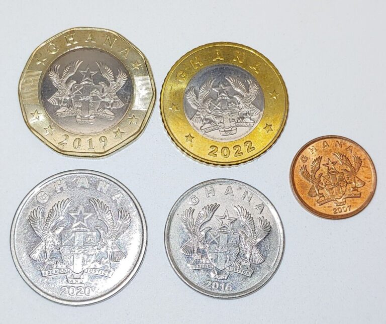 Read more about the article Lot Of 5 Ghana Coins  2 Cedis  1 Cedi  50 Pesewas 20  1   Coin Assorted Current