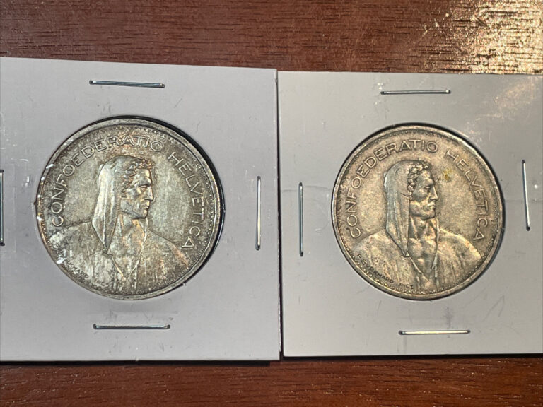 Read more about the article Lot of Two Swiss 5 Fr Silver Helvetica Coins – 1953 and 1935