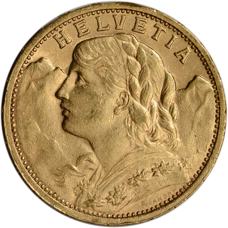 Read more about the article Swiss Gold 20 Francs (.1867 oz) – Helvetia – XF/AU – Pre 1934 – Random Date