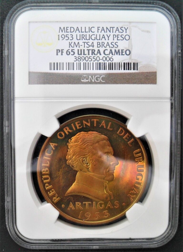 Read more about the article 1953 Uruguay  Peso   Brass   NGC PF 65 Ultra Cameo   nice rare coin