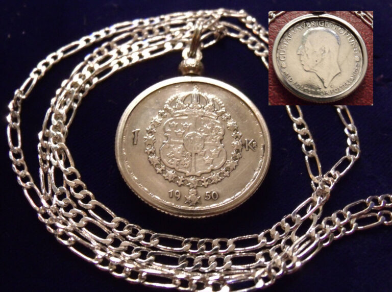 Read more about the article 1950 SWEDEN SILVER COAT OF ARMS KRONA COIN on a  26″ 925 Silver Link Style Chain