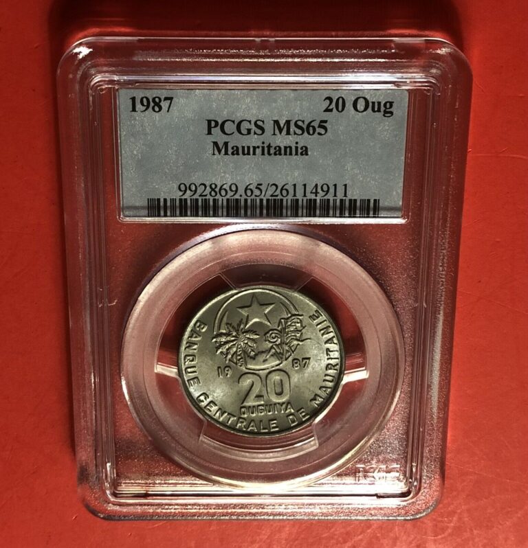 Read more about the article MAURITANIA-1987-UNCIRCULATED 20 OUGUIYA COIN GRADED BY PCGS MS65.