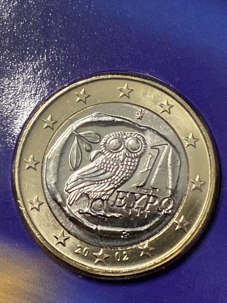 Read more about the article Greek Greece 1 euro 2002 Athenian tetradrachm owl symbol of wisdom luck UNC