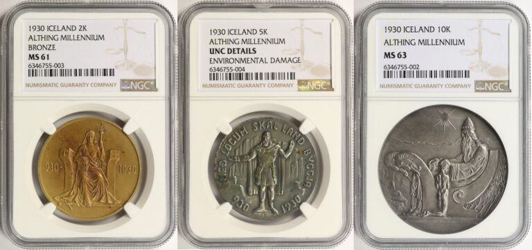 Read more about the article 1930 Iceland 3-Piece Lot of Certified “Althing Millennium” Multiple Kronur NGC