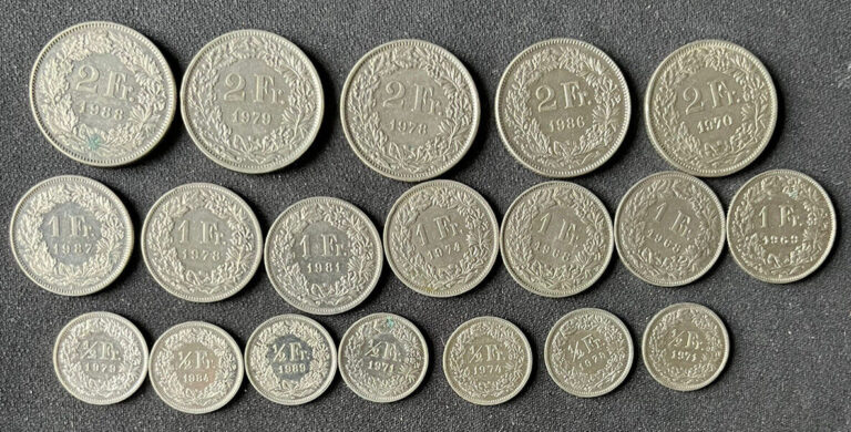 Read more about the article Switzerland Helvetia Swiss Coins 1968-1989 21 1/2 Francs (19 total coins)