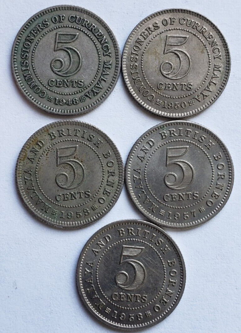 Read more about the article MALAYA AND BRITISH BORNEO 5 CENTS 1948/1958 5 COINS AS SHOWN IH175