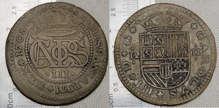 Read more about the article Spain 1708 Charles III 2 Reales 2R Silver Pirate Treasure Coin