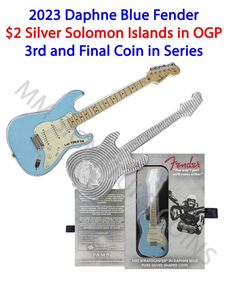 Read more about the article 2023 Fender Stratocaster Daphne Blue Guitar Coin 1oz Silver PAMP Solomon Islands