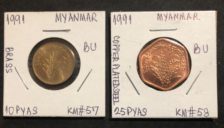 Read more about the article 1991 MYANMAR (BURMA)10 25 PYAS LOT OF 2 UNCIRCULATED COINS-KM#57 KM#58