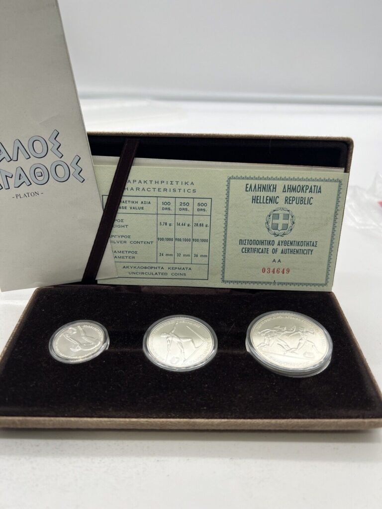 Read more about the article 1981 GREECE 100 250 500 DRACHMAI 1981 Pan-European Games Silver Proof Mint Set 3