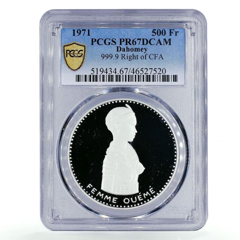 Read more about the article Benin Dahomey 500 francs Independence Oueme Woman PR67 PCGS silver coin 1971