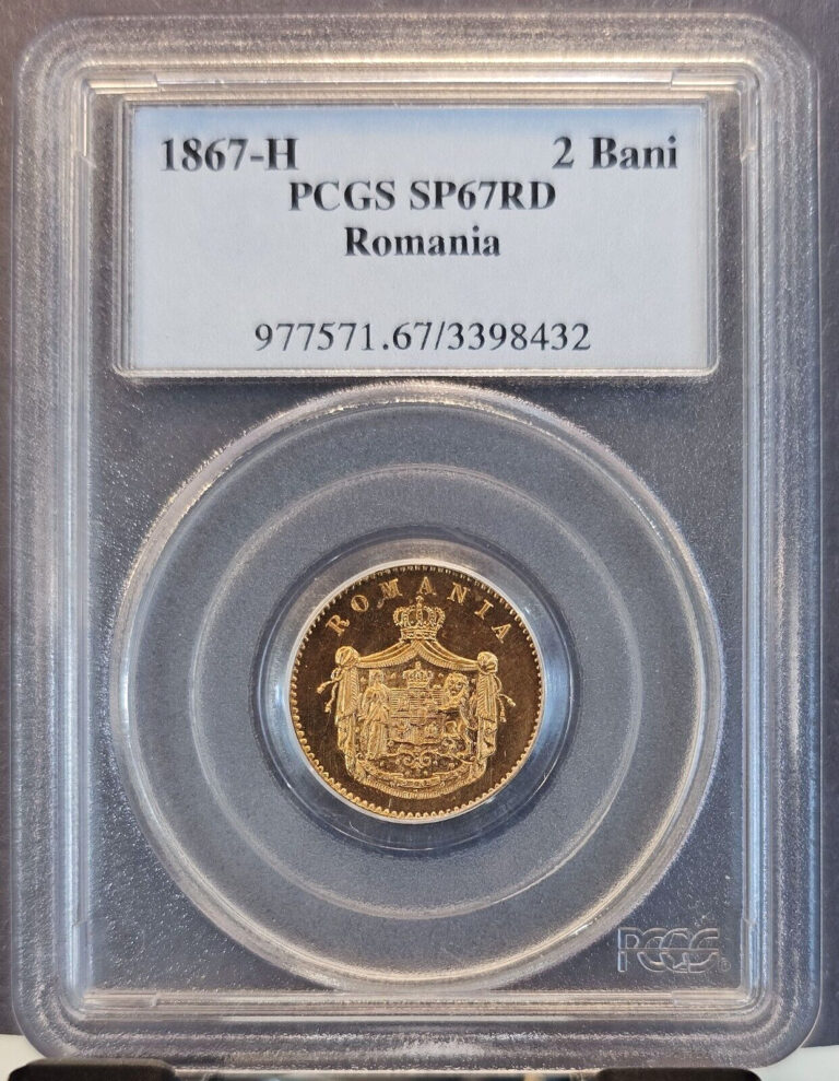 Read more about the article 1867 ROMANIA 2 BANI COAT OF ARMS PCGS SP 67 RD RARE SPECIMEN PROOF TOP POP 1