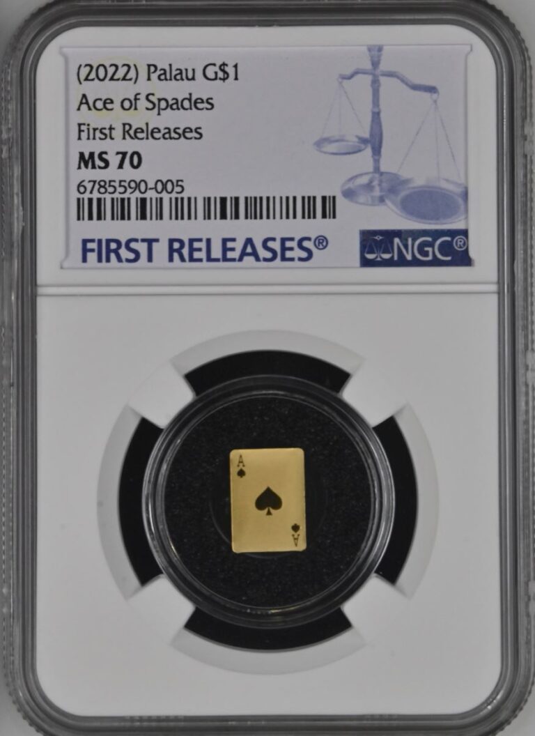 Read more about the article 2022 Palau 1/2 gram Gold $1 Ace of Spades Card Shaped Coin NGC 70 FR pop 15