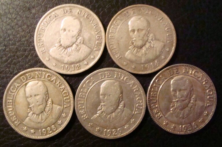 Read more about the article Nicaragua 25 centavos 5 coin lot 1912-H  1914-H  1928  1929 and 1936