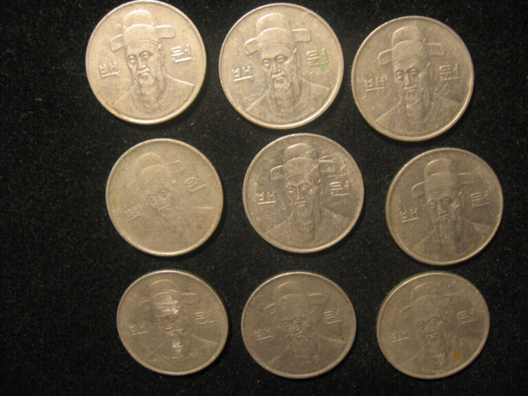 Read more about the article lot of 9 South Korea coins 100 won    1983 – 1992