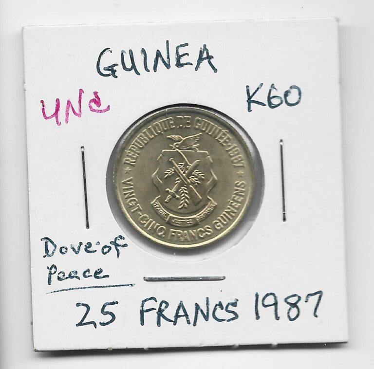 Read more about the article Guinea 25 Francs 1987 K60 Dove of Peace and Palm Leaf. One Year Type. Hard to Find