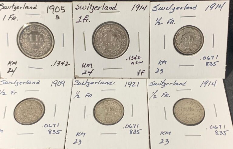 Read more about the article SWITZERLAND 1905 1909 1914 1921 One and Half Franc (6) Six Coin Silver Lot Nice