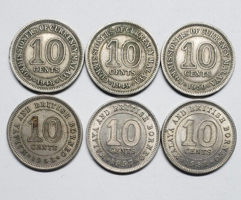 Read more about the article MALAYA AND BRITISH BORNEO 10 CENTS 1948/1958 6 COINS AS SHOWN IH176