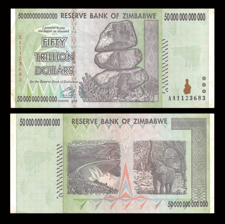 Read more about the article Zimbabwe 50 Trillion Dollars  2008 P-90 AA Authentic 100% Cir Used COA