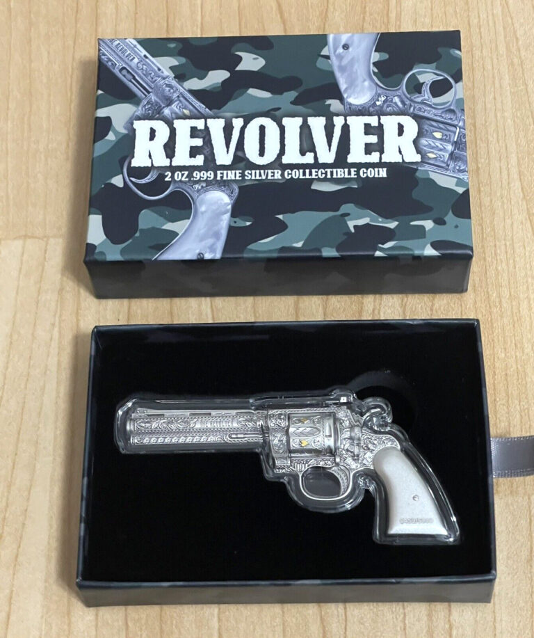 Read more about the article REVOLVER Gun Shaped 2 oz Silver Coin 10000 Francs Chad 2023 with Box Ship Today