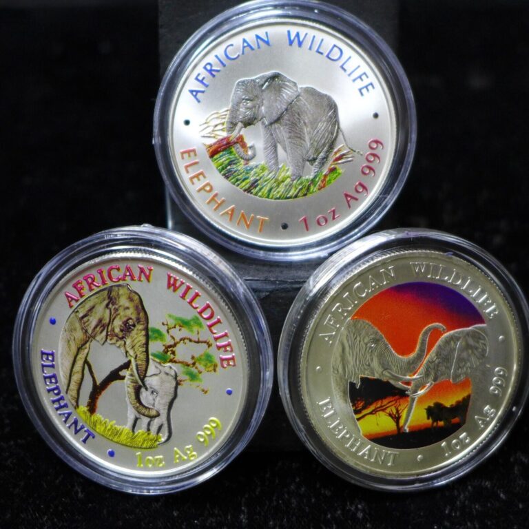 Read more about the article 1999  2000  2001 ZAMBIA 5000 KWACHA 1oz SILVER AFRICAN ELEPHANT COLORIZED COINS