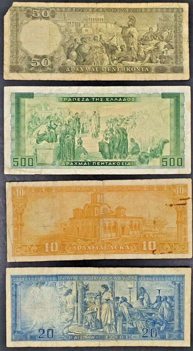 Read more about the article 4 Original 1955 Various Collection of Drachma Greek Banknotes 10 20 50 and 500