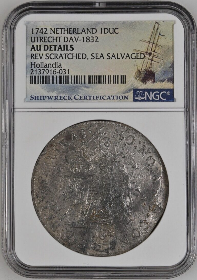 Read more about the article 1742 Netherlands Silver Rider Ducatoon Hollandia Shipwreck NGC AU Detail Utrecht