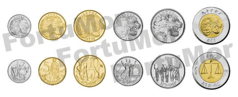 Read more about the article Ethiopia Set Of 6 Coins  1 5 10 25 50 Cents 1 Birr  1977 – 2010  UNC