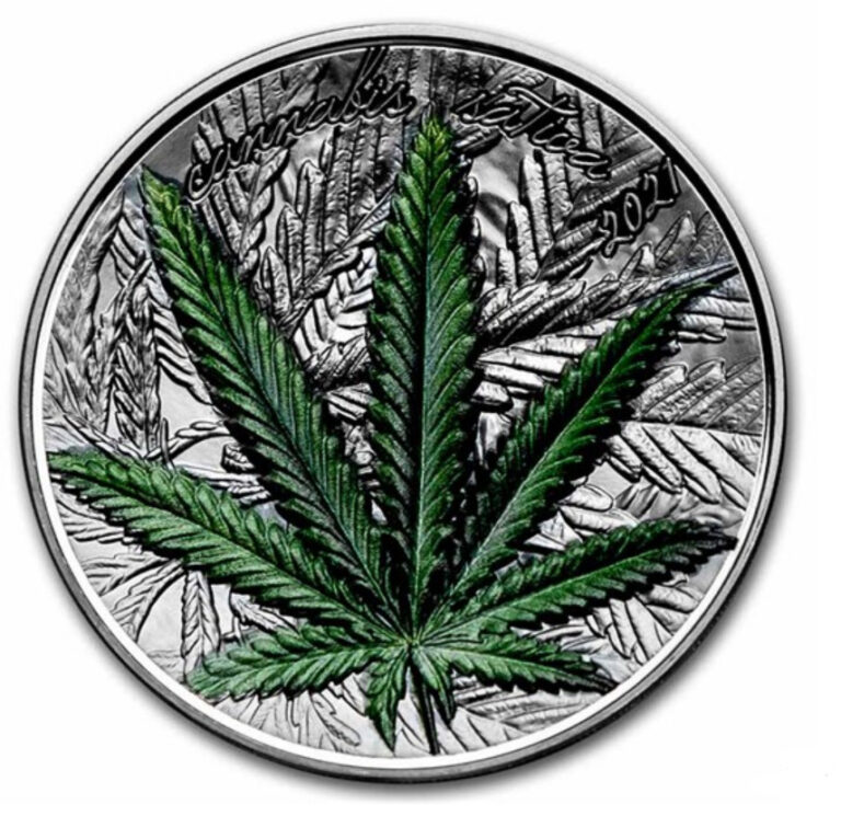 Read more about the article MARIJUANA Cannabis Sativa BLACK  Proof 1 Oz .Silver Coin 1000 Fr. Benin 2021