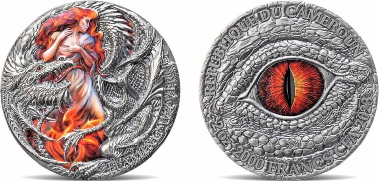 Read more about the article 2023 Cameroon Dragonology Flaming Wyvern 2 oz High Relief Silver Coin Dragon Eye