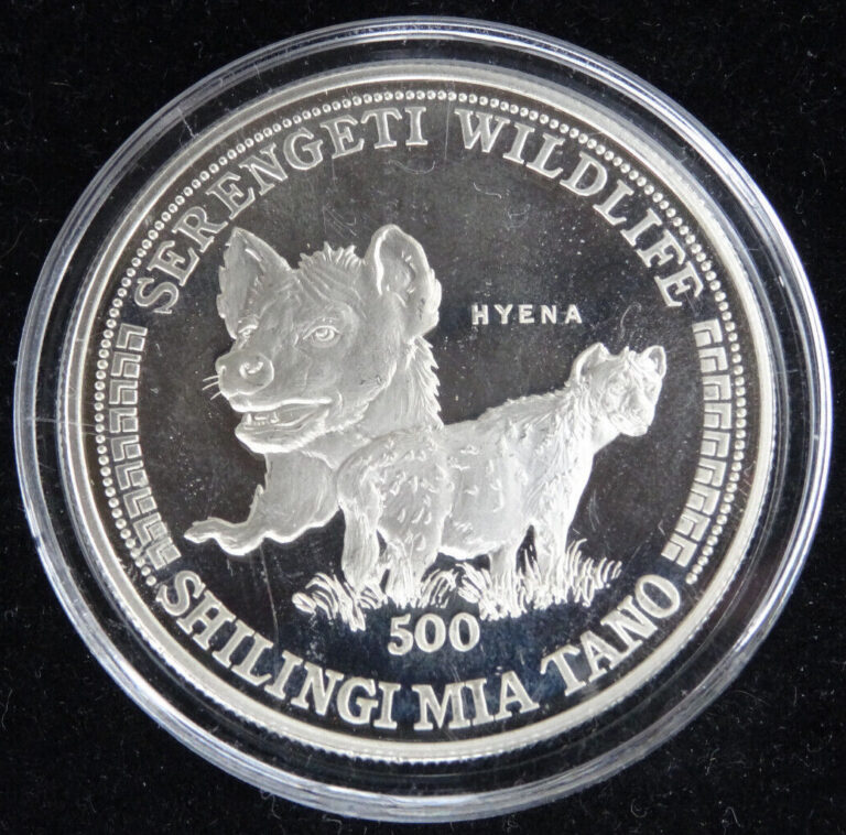 Read more about the article 1998 Tanzania Serengeti Wildlife Hyena 500 Shilingi Silver Coin KM #50 Capsule