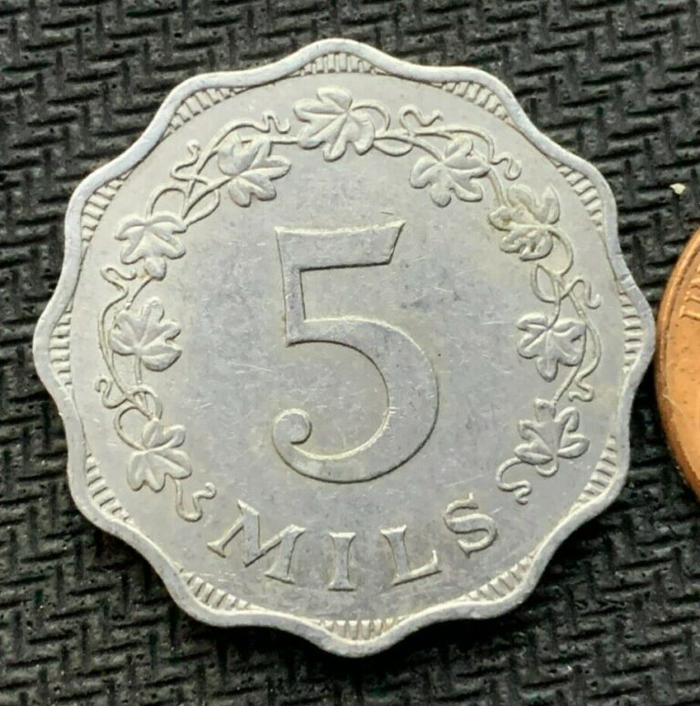 Read more about the article 1972 Malta 5 Mils Coin XF AU   Vine leaves Wreath    World Coin   #K1757