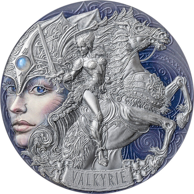 Read more about the article 2023 – Cameroon – VALKYRIE – Femina Bellator – 2oz silver coin w/ moonstone