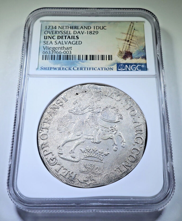 Read more about the article NGC UNC 1734 Vliegenthart Shipwreck 1 Ducaton Silver Rider Pirate Treasure Coin