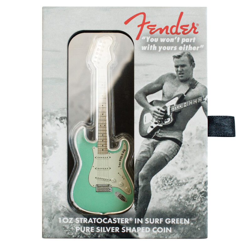 Read more about the article 2022 Fender Stratocaster Surf Green 999.9 1 oz Silver Guitar Coin Solomon Island