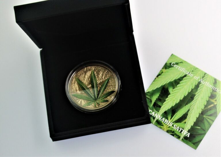 Read more about the article MARIJUANA Cannabis Sativa Gold Gild  Proof 1 Oz .Silver Coin 1000 Fr. Benin 2021