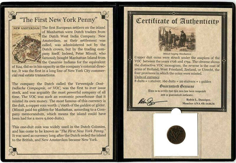 Read more about the article First New York Penny VOC Copper Coin 1700’s – COA and History and Holder and Album Inc