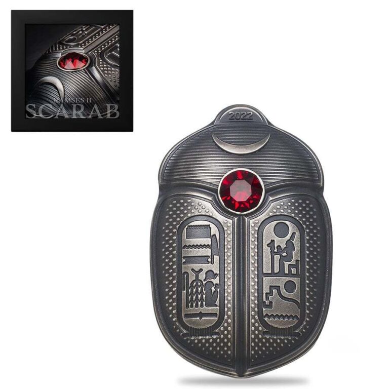 Read more about the article 2022 Palau 1 oz Silver Scarab – Ramses II Coin Antiqued .999 Fine (w/Box and COA)