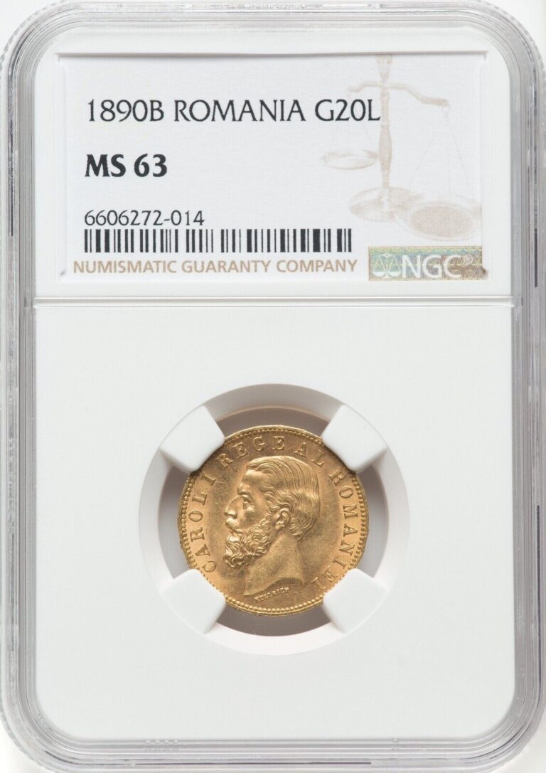 Read more about the article ROMANIA   GOLD 20 LEI 1890 B CAROL I – NGC MS 63     RARE3