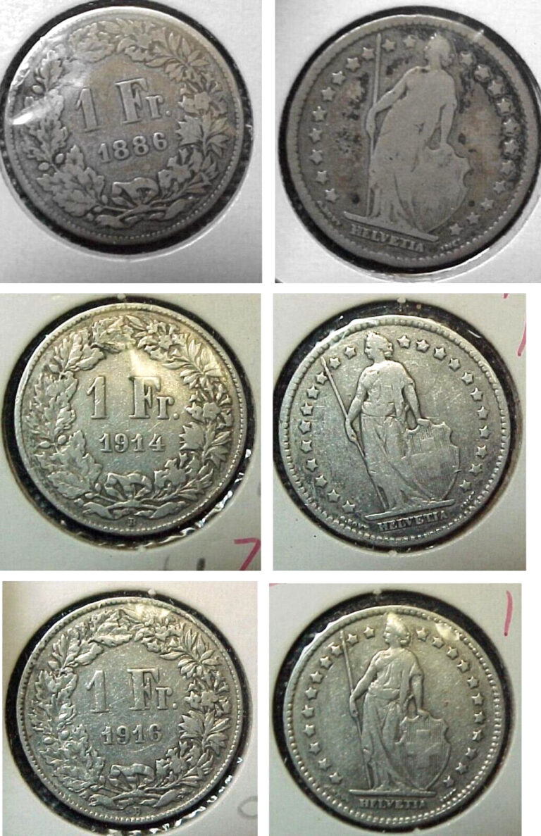 Read more about the article Switzerland Lot Of One Franc Silver Coins   1886   1914  1916 KM #24