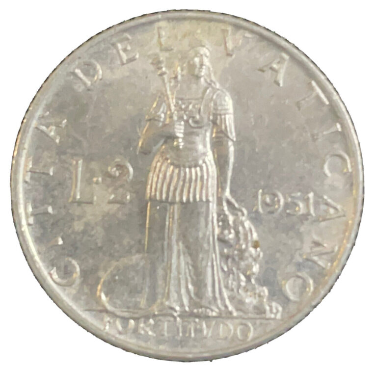 Read more about the article Vatican City 2 Lire 1951 Coin L2 Pope Pius XII Crown Shield Fortitude Lion KM 50