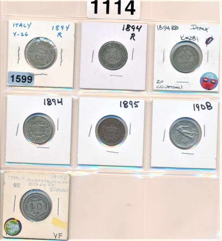 Read more about the article LOT 1894-1919 ITALY 20 CENTIMES – (7 COINS) – 3 TYPES NICE CIRCULATED # BOX 1114