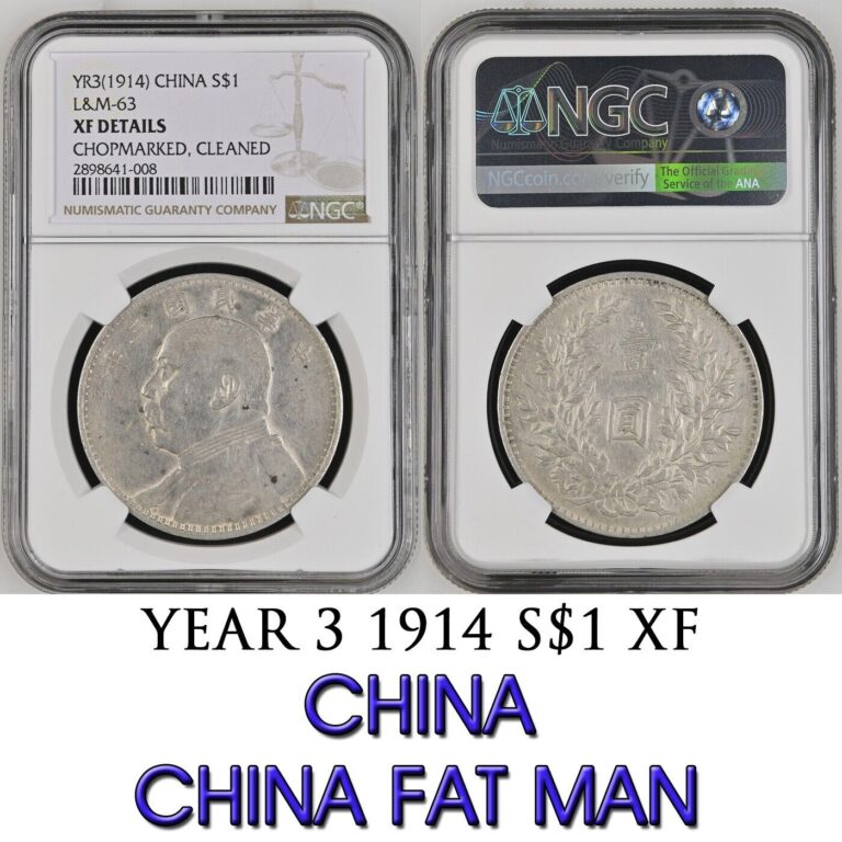 Read more about the article 1914 China Fat Man $1 Silver Dollar XF Details NGC Chopmarked Cleaned YR3 LandM 63