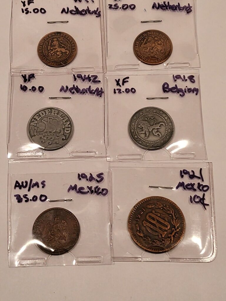 Read more about the article 1877 1912 1942  1918 1921 1925 Netherlands/ Belgium Coins and Mexico Coins!!!!