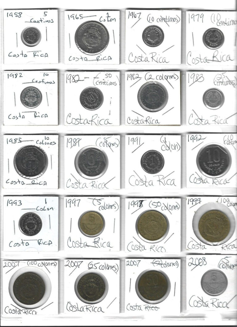 Read more about the article 20 Costa Rica Coins 5  10  25  50 Centimos.  1  2  5  10  25  50  100 COLONES.