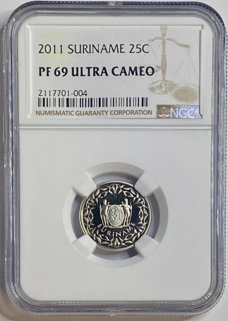 Read more about the article 2011 SURINAME 25 CENT PF 69 ULTRA CAMEO NGC CERTIFIED COIN ONLY 2 GRADED HIGHER