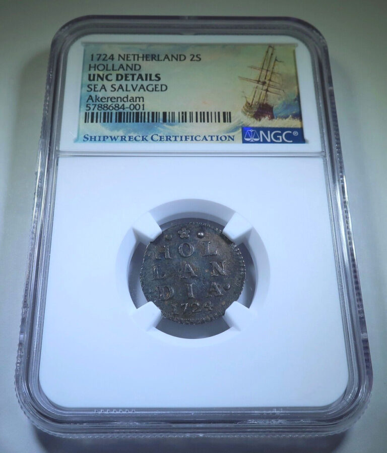 Read more about the article NGC UNC 1724 Akerendam Shipwreck 2 Stuivers Silver Dutch Pirate Treasure BU Coin