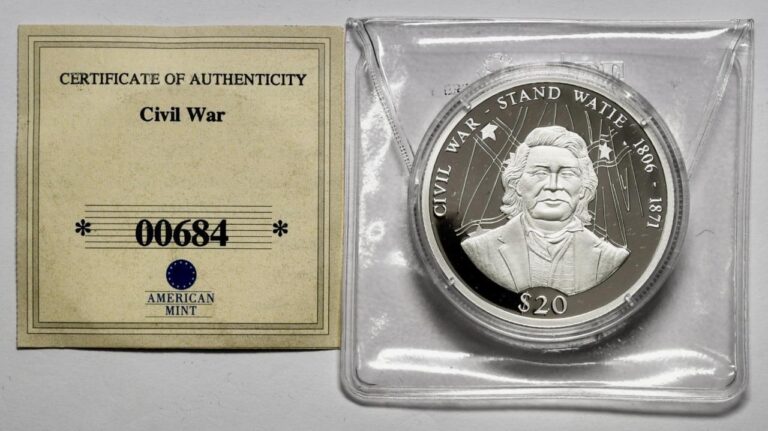 Read more about the article 2001 Civil War Stand Watie $20 PROOF.999 SILVER LIBERIA COIN