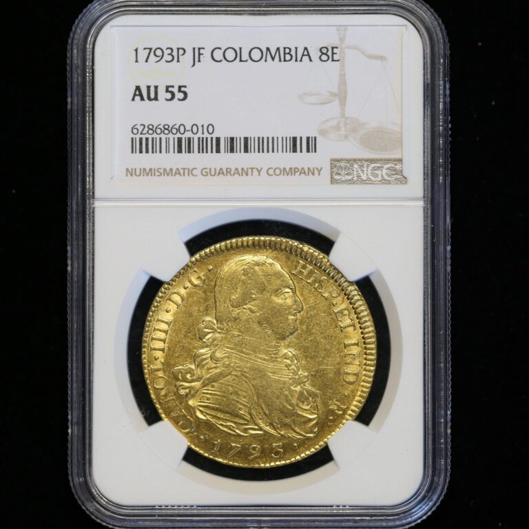 Read more about the article 1793P JF COLOMBIA 8 ESCUDOS GOLD NGC CERTIFIED LUSTEROUS PROBLEM FREE COIN